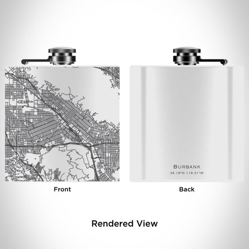 Rendered View of Burbank California Map Engraving on 6oz Stainless Steel Flask in White