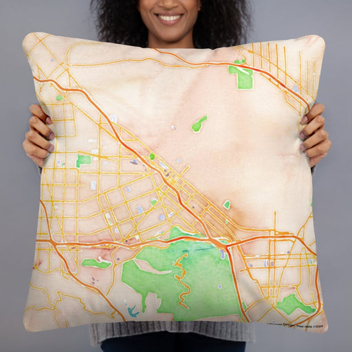 Person holding 22x22 Custom Burbank California Map Throw Pillow in Watercolor