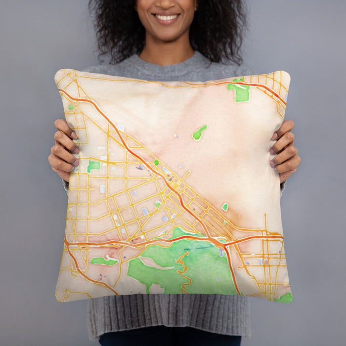 Person holding 18x18 Custom Burbank California Map Throw Pillow in Watercolor