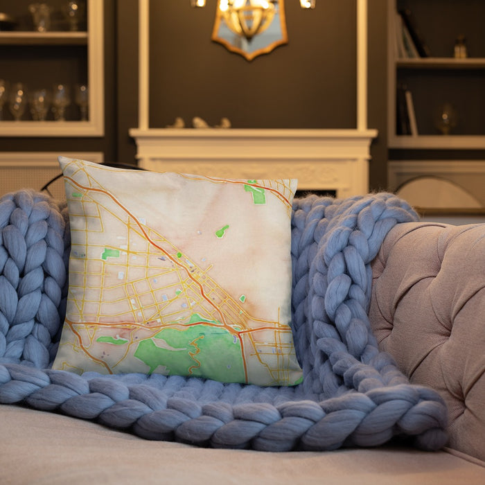 Custom Burbank California Map Throw Pillow in Watercolor on Cream Colored Couch