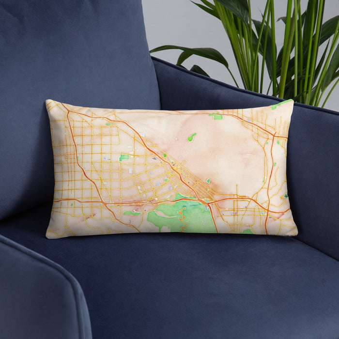 Custom Burbank California Map Throw Pillow in Watercolor on Blue Colored Chair