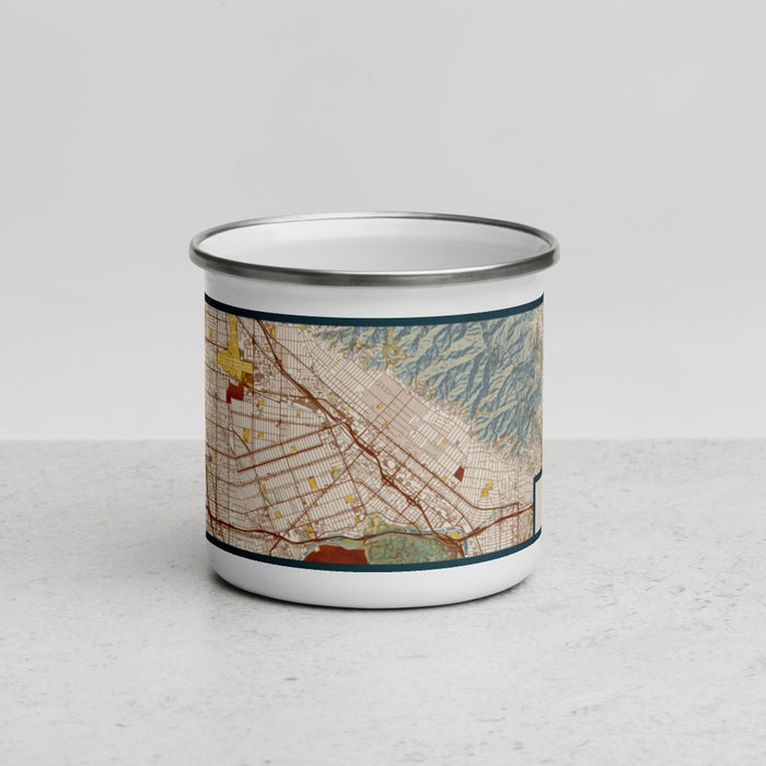 Front View Custom Burbank California Map Enamel Mug in Woodblock