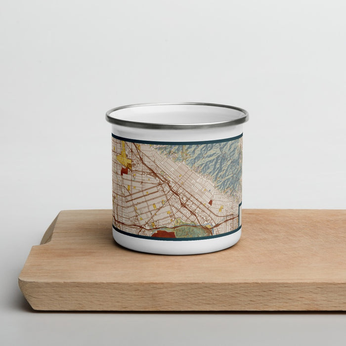 Front View Custom Burbank California Map Enamel Mug in Woodblock on Cutting Board