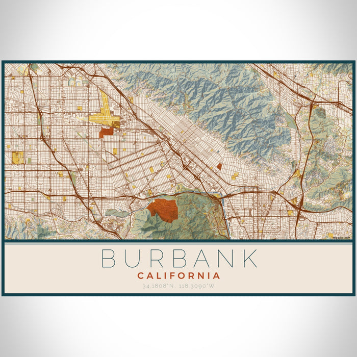 Burbank California Map Print Landscape Orientation in Woodblock Style With Shaded Background