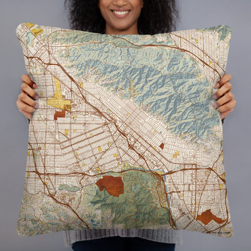 Person holding 22x22 Custom Burbank California Map Throw Pillow in Woodblock
