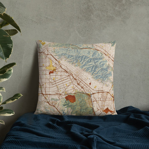 Custom Burbank California Map Throw Pillow in Woodblock on Bedding Against Wall