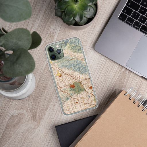 Custom Burbank California Map Phone Case in Woodblock on Table with Laptop and Plant