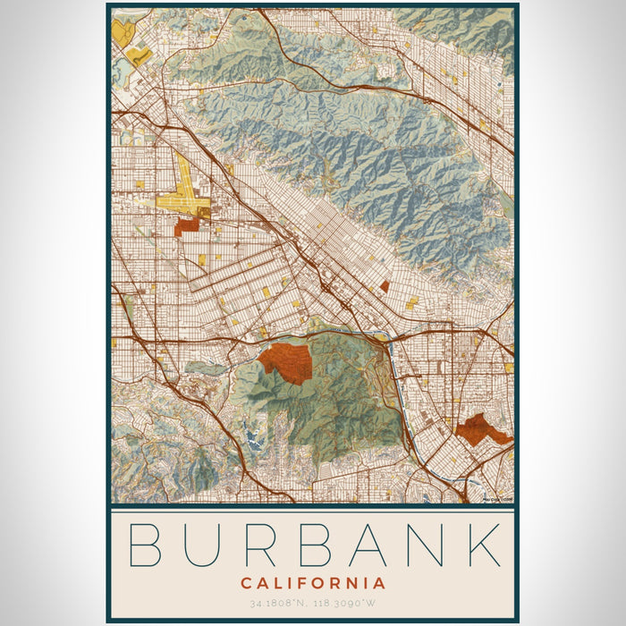 Burbank California Map Print Portrait Orientation in Woodblock Style With Shaded Background
