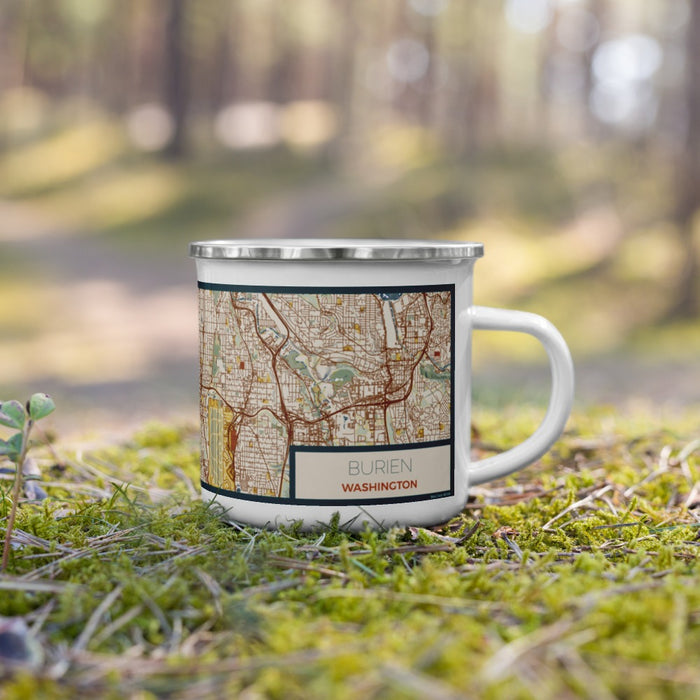 Right View Custom Burien Washington Map Enamel Mug in Woodblock on Grass With Trees in Background