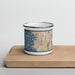 Front View Custom Burien Washington Map Enamel Mug in Woodblock on Cutting Board
