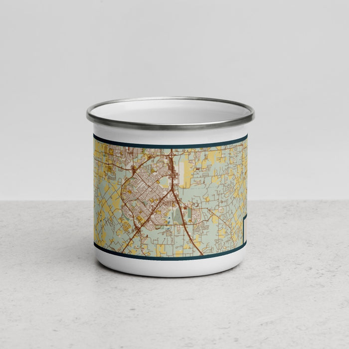 Front View Custom Burleson Texas Map Enamel Mug in Woodblock