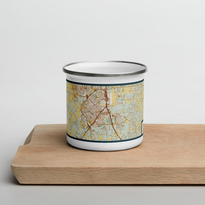 Front View Custom Burleson Texas Map Enamel Mug in Woodblock on Cutting Board