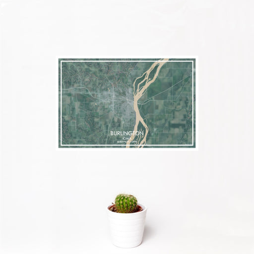 12x18 Burlington Iowa Map Print Landscape Orientation in Afternoon Style With Small Cactus Plant in White Planter