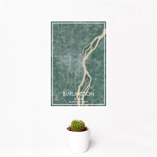 12x18 Burlington Iowa Map Print Portrait Orientation in Afternoon Style With Small Cactus Plant in White Planter