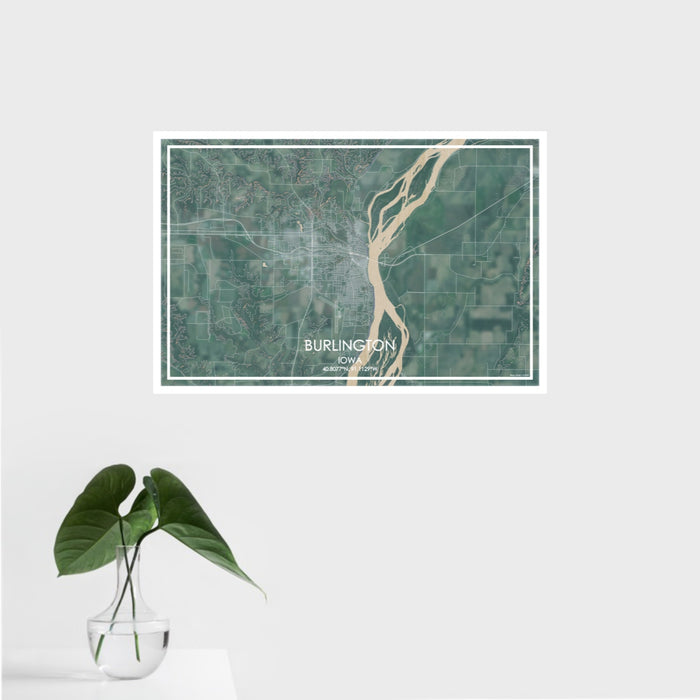 16x24 Burlington Iowa Map Print Landscape Orientation in Afternoon Style With Tropical Plant Leaves in Water