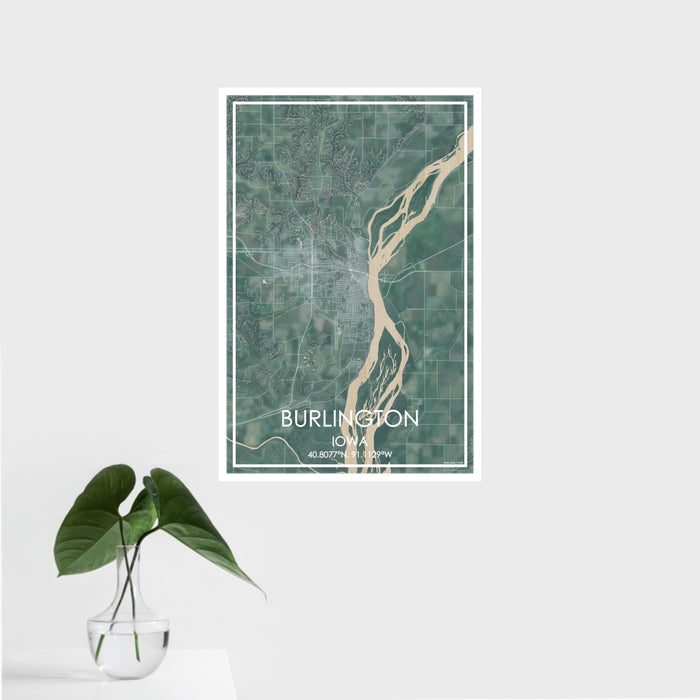 16x24 Burlington Iowa Map Print Portrait Orientation in Afternoon Style With Tropical Plant Leaves in Water