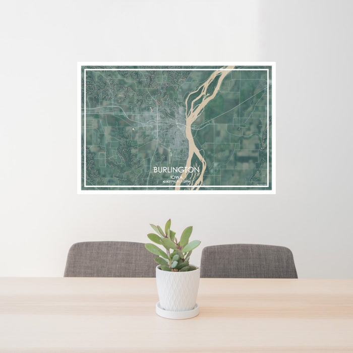 24x36 Burlington Iowa Map Print Lanscape Orientation in Afternoon Style Behind 2 Chairs Table and Potted Plant