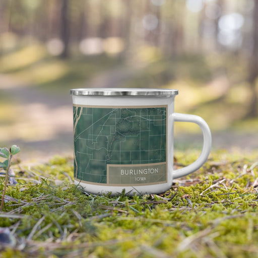Right View Custom Burlington Iowa Map Enamel Mug in Afternoon on Grass With Trees in Background