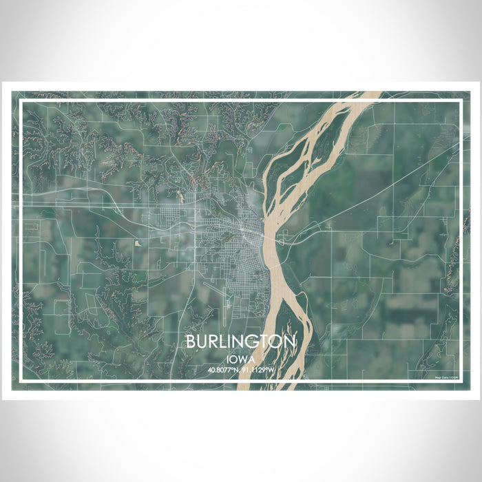 Burlington Iowa Map Print Landscape Orientation in Afternoon Style With Shaded Background