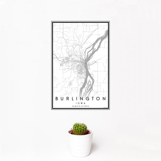 12x18 Burlington Iowa Map Print Portrait Orientation in Classic Style With Small Cactus Plant in White Planter