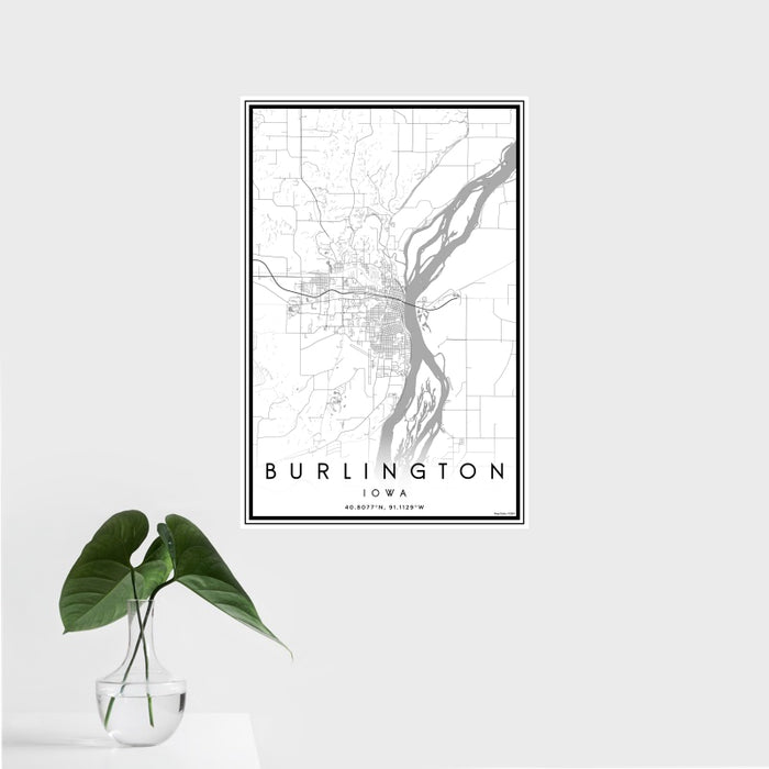 16x24 Burlington Iowa Map Print Portrait Orientation in Classic Style With Tropical Plant Leaves in Water