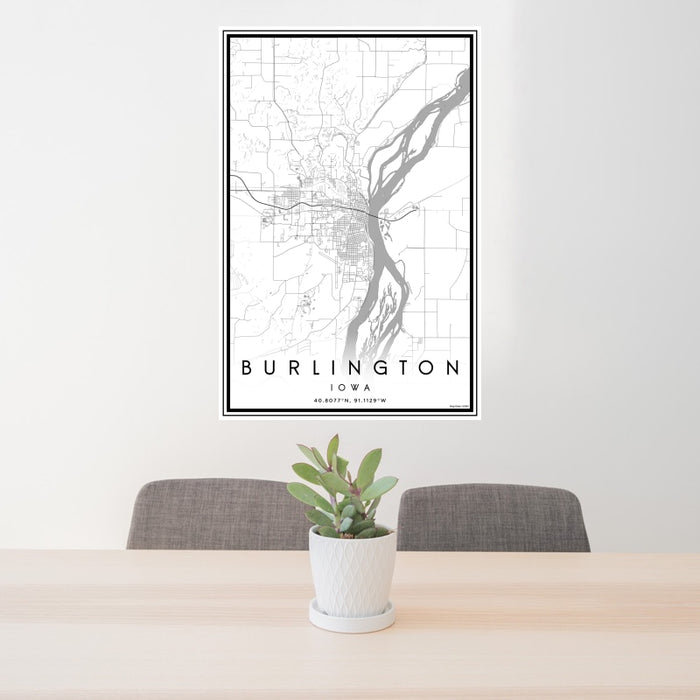 24x36 Burlington Iowa Map Print Portrait Orientation in Classic Style Behind 2 Chairs Table and Potted Plant