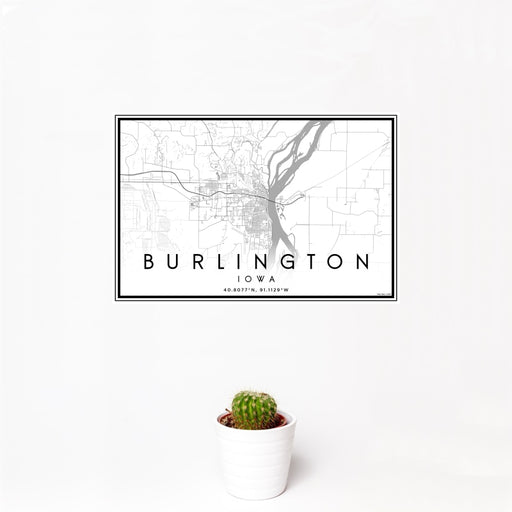 12x18 Burlington Iowa Map Print Landscape Orientation in Classic Style With Small Cactus Plant in White Planter