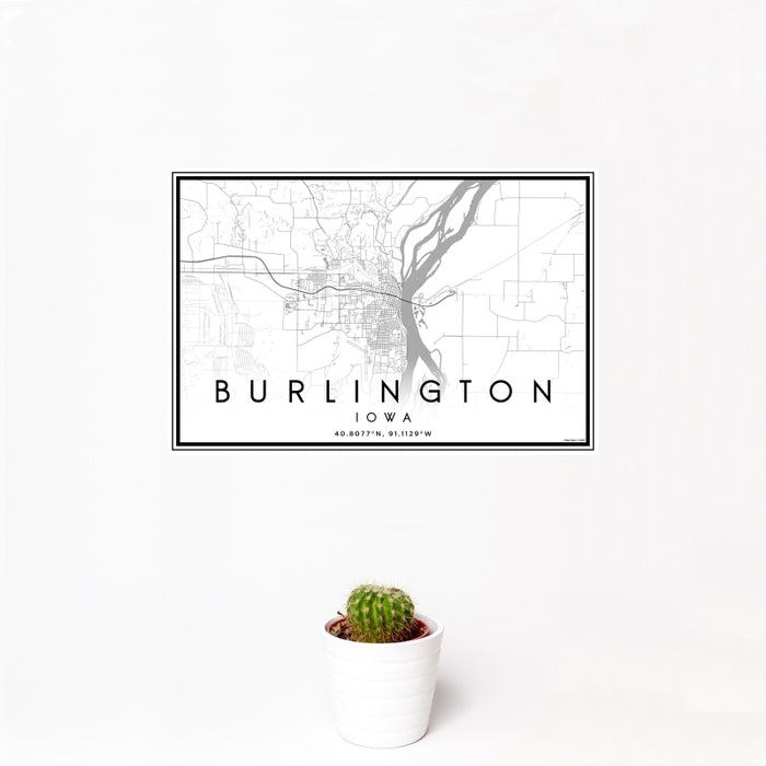 12x18 Burlington Iowa Map Print Landscape Orientation in Classic Style With Small Cactus Plant in White Planter