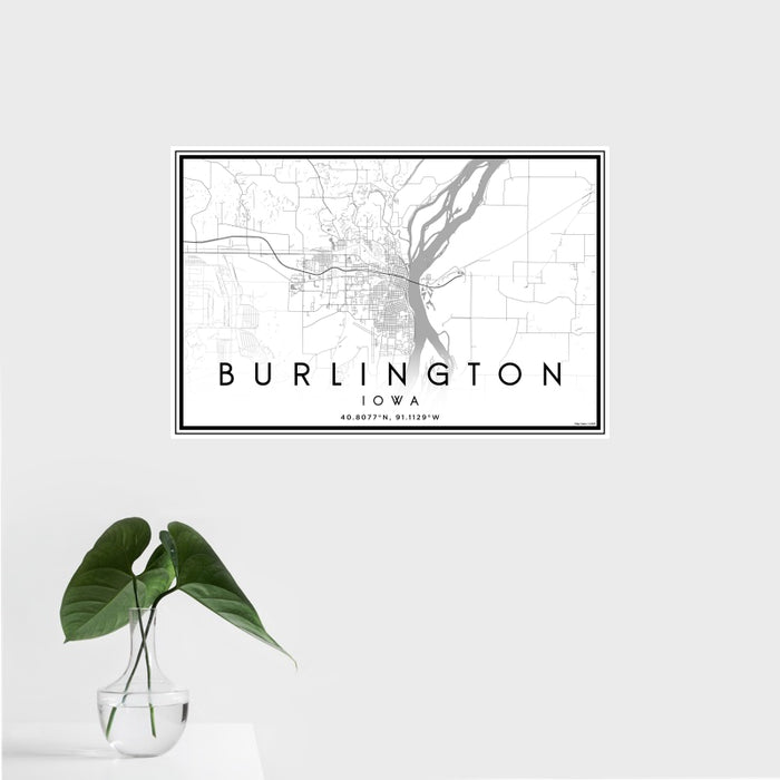 16x24 Burlington Iowa Map Print Landscape Orientation in Classic Style With Tropical Plant Leaves in Water