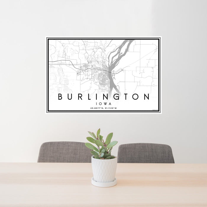24x36 Burlington Iowa Map Print Landscape Orientation in Classic Style Behind 2 Chairs Table and Potted Plant