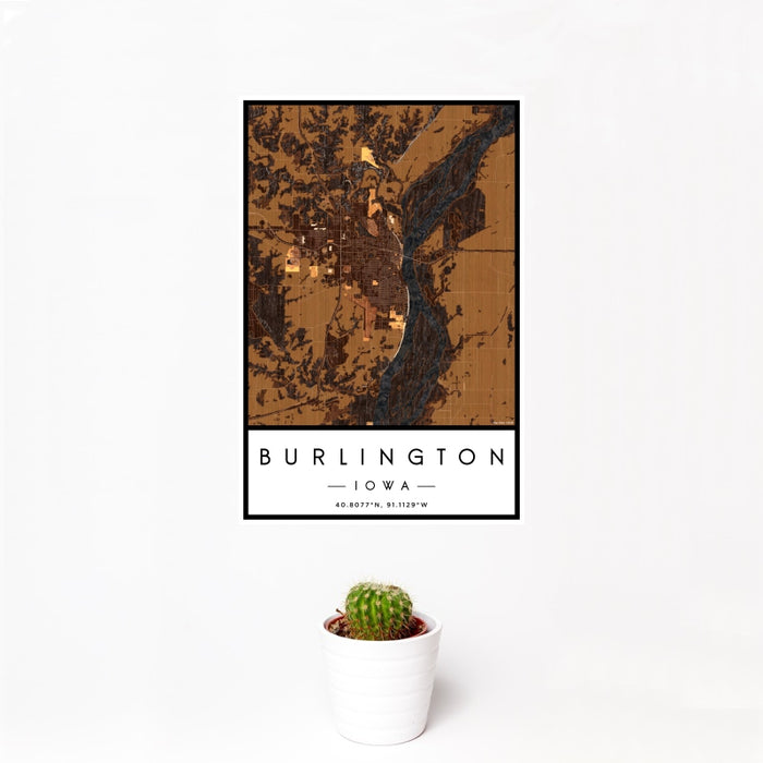 12x18 Burlington Iowa Map Print Portrait Orientation in Ember Style With Small Cactus Plant in White Planter
