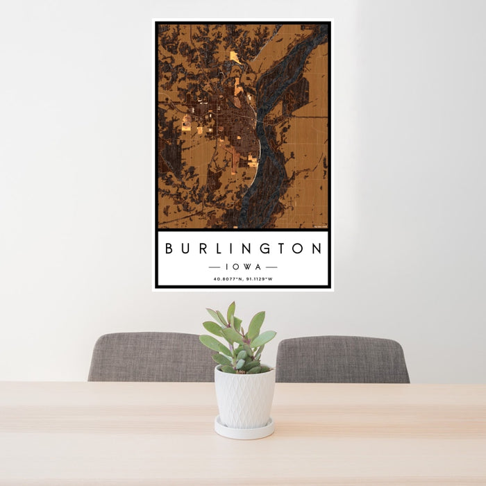24x36 Burlington Iowa Map Print Portrait Orientation in Ember Style Behind 2 Chairs Table and Potted Plant