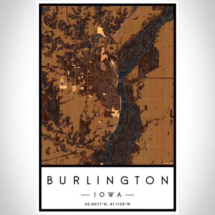 Burlington Iowa Map Print Portrait Orientation in Ember Style With Shaded Background