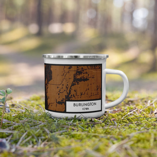 Right View Custom Burlington Iowa Map Enamel Mug in Ember on Grass With Trees in Background
