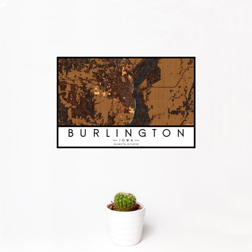 12x18 Burlington Iowa Map Print Landscape Orientation in Ember Style With Small Cactus Plant in White Planter