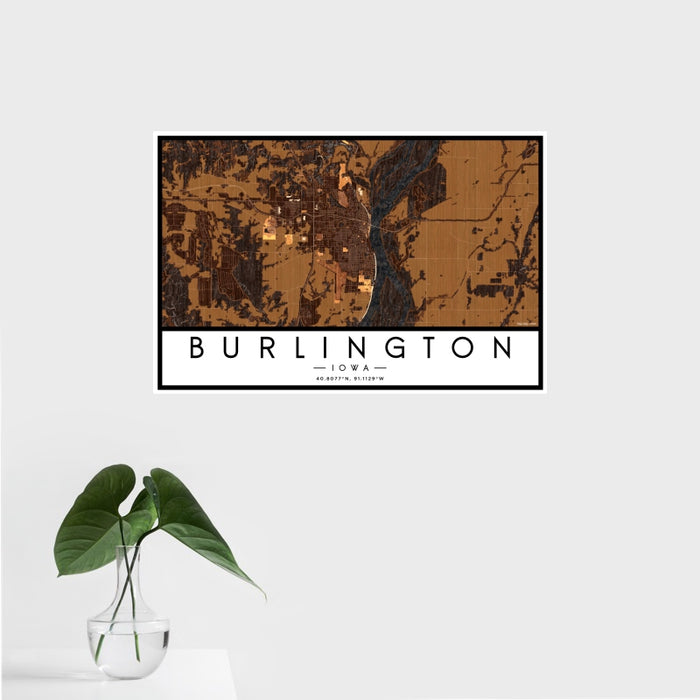 16x24 Burlington Iowa Map Print Landscape Orientation in Ember Style With Tropical Plant Leaves in Water