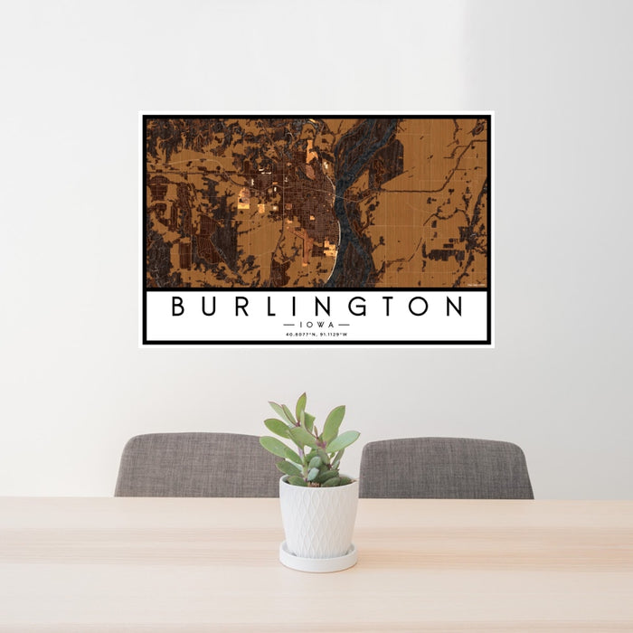 24x36 Burlington Iowa Map Print Landscape Orientation in Ember Style Behind 2 Chairs Table and Potted Plant