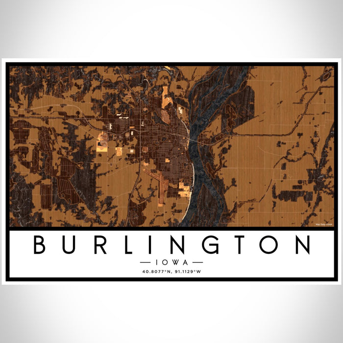 Burlington Iowa Map Print Landscape Orientation in Ember Style With Shaded Background