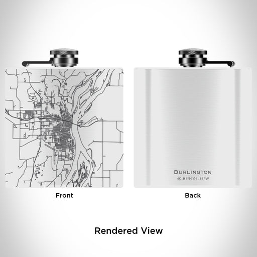 Rendered View of Burlington Iowa Map Engraving on 6oz Stainless Steel Flask in White