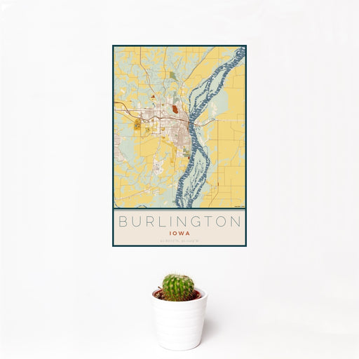 12x18 Burlington Iowa Map Print Portrait Orientation in Woodblock Style With Small Cactus Plant in White Planter