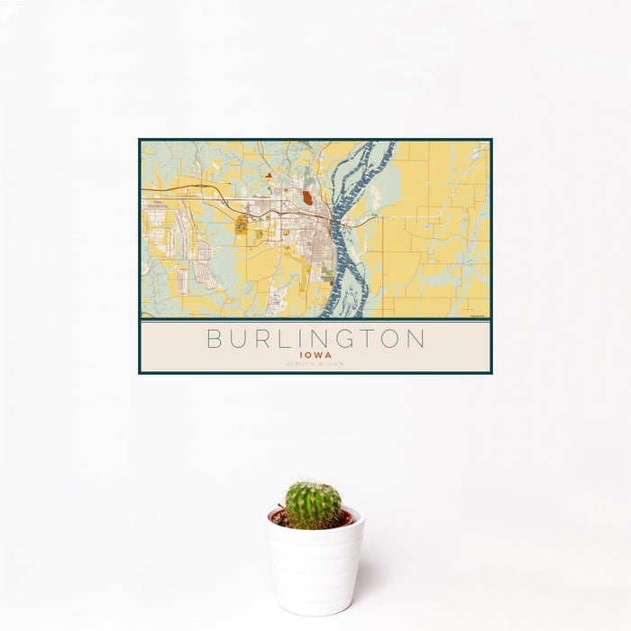 12x18 Burlington Iowa Map Print Landscape Orientation in Woodblock Style With Small Cactus Plant in White Planter