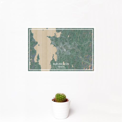 12x18 Burlington Vermont Map Print Landscape Orientation in Afternoon Style With Small Cactus Plant in White Planter