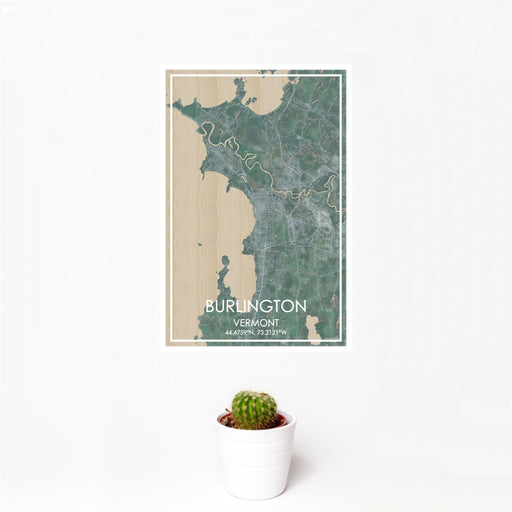 12x18 Burlington Vermont Map Print Portrait Orientation in Afternoon Style With Small Cactus Plant in White Planter