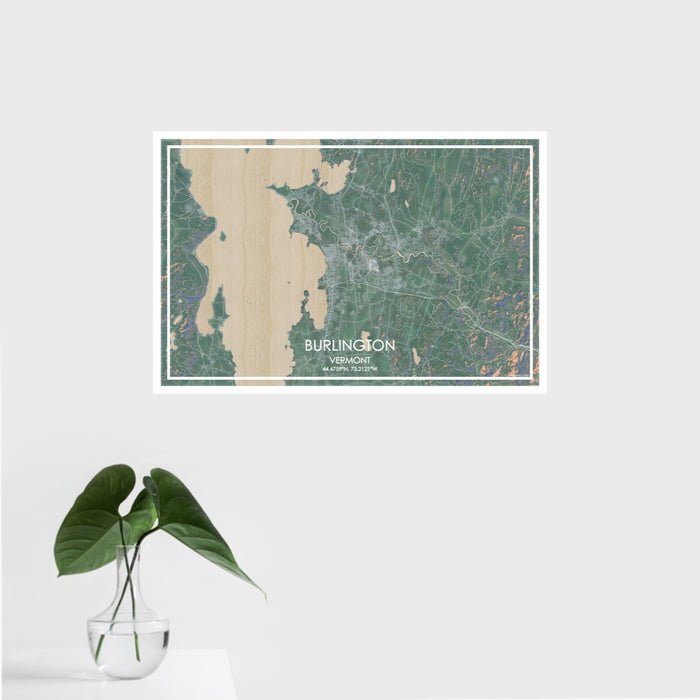 16x24 Burlington Vermont Map Print Landscape Orientation in Afternoon Style With Tropical Plant Leaves in Water