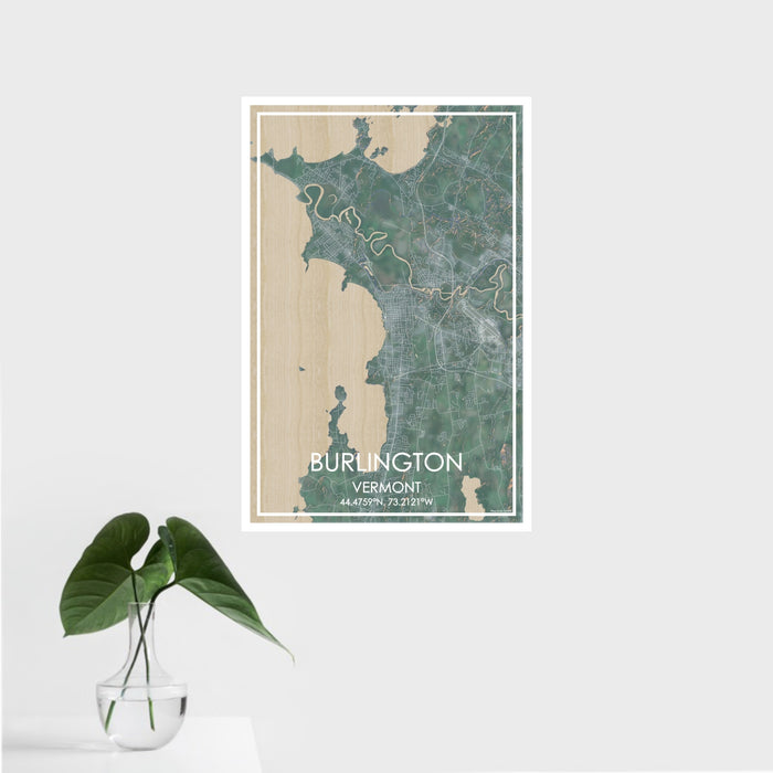 16x24 Burlington Vermont Map Print Portrait Orientation in Afternoon Style With Tropical Plant Leaves in Water