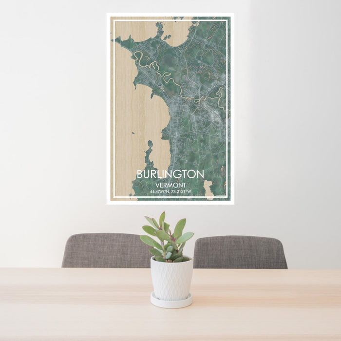 24x36 Burlington Vermont Map Print Portrait Orientation in Afternoon Style Behind 2 Chairs Table and Potted Plant