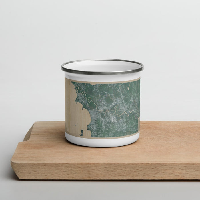Front View Custom Burlington Vermont Map Enamel Mug in Afternoon on Cutting Board