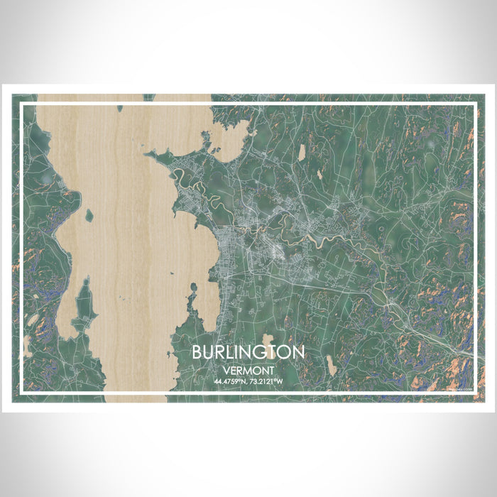 Burlington Vermont Map Print Landscape Orientation in Afternoon Style With Shaded Background
