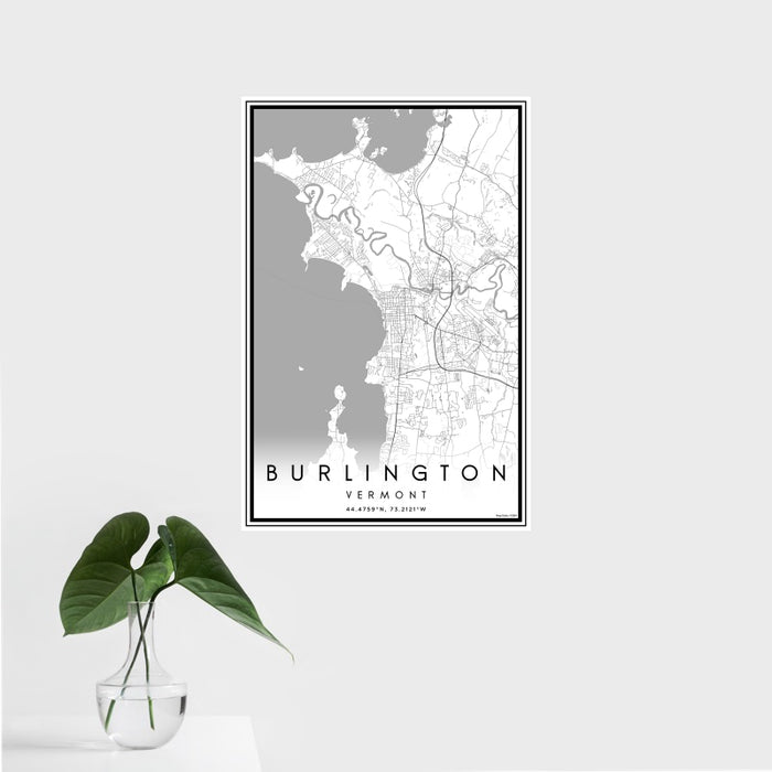 16x24 Burlington Vermont Map Print Portrait Orientation in Classic Style With Tropical Plant Leaves in Water