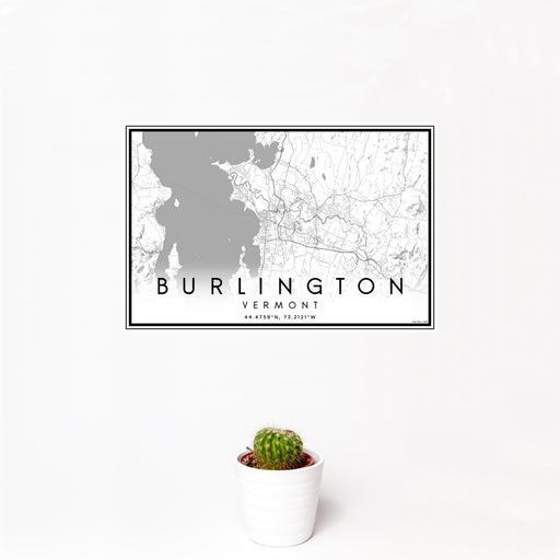 12x18 Burlington Vermont Map Print Landscape Orientation in Classic Style With Small Cactus Plant in White Planter